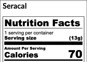 A nutrition label for Seracal medical food shows 1 serving per container, serving size 13g, and 70 calories per serving—specially formulated as a medical food for EPI and fat malabsorption treatment.